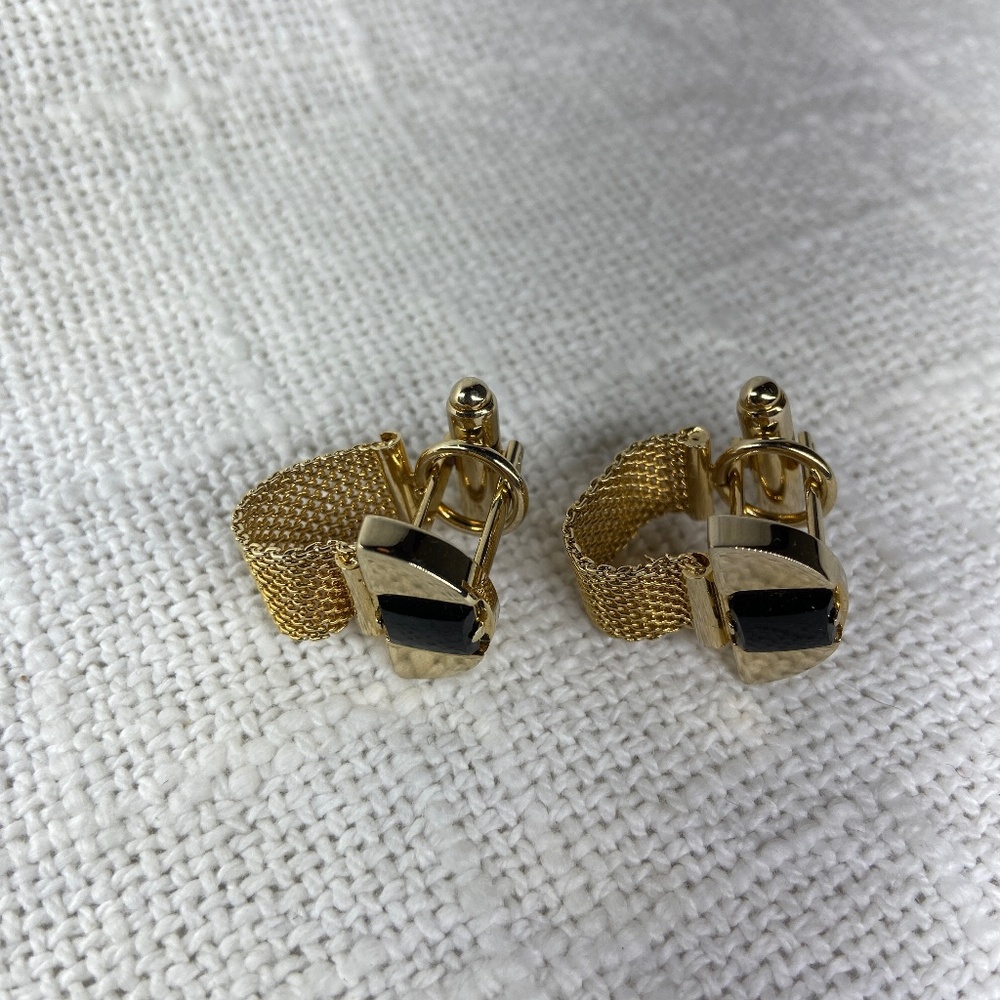 Gold Tone Metal Mesh Cuff Links with Black Colored Inset